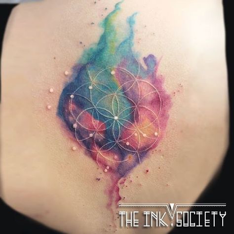 Galaxy watercolor with white flower of life and gemini constellation by Wietske… Amethyst Tattoo, Celestial Tattoos, Watercolor Galaxy Tattoo, Taurus Constellation Tattoo, Flower Of Life Tattoo, Cosmic Tattoo, Galaxy Watercolor, Gemini Tattoo Designs, Gemini Constellation