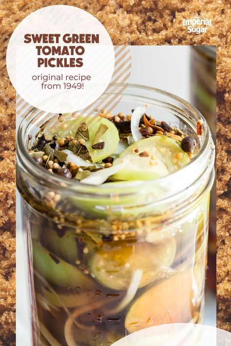 Sweet Green Tomato Pickles just like Grandma used to make. Onions, vinegar, brown sugar, and mixed pickling spice are cooked with tomatoes for a sweet and savory condiment with crunch and sass. Serve as an appetizer on an antipasto platter or a charcuterie board, top burgers and hot dogs, or add a handful on top of your favorite salad. This vintage recipe for Pickled Sweet Green Tomatoes has been a staple in our cookbook series since 1949! #canning #sweetgreentomato #picklesrecipe Green Tomato Pickles Recipes, Sweet Green Tomato Pickles Recipes, Pecan Honey Butter Recipe, Spicy Green Tomato Pickles, Green Tomato Bread And Butter Pickles, Onions Vinegar, Pickling Onions, Sweet Green Tomato Pickles, Sweet And Spicy Pickled Green Tomatoes