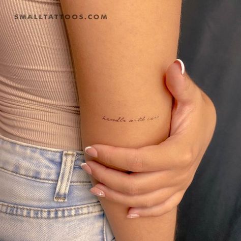 Handle With Care Temporary Tattoo (Set of 3) Fonts for tattoos #fontsfortattoos tattoo #tattoo tattoos #tattoos fonts #fonts font #font 6.1 Arm Font Tattoo, Hand Tattoos Lettering, Handle With Care Tattoo, Tattoos For Names, Knuckle Tattoos For Women, Kids Names Tattoos For Dads, Arm Tattoos For Women Quotes, Tattoos Inner Arm, Different Fonts For Tattoos