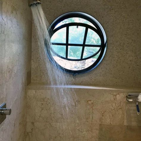 Top 70 Best Shower Window Ideas - Bathroom Natural Light Shower Large Window, Shower With View Window, Arched Bathroom Window, Circle Window Bathroom, Circle Window Design, Shower Window Ideas, Bathroom Ventilation Window Design, Bathroom Natural Light, Bright Bathroom Decor