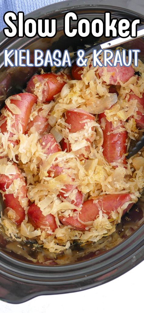 This Slow Cooker Kielbasa and Sauerkraut is such a hearty comfort food dinner. It's budget friendly, quick to prep and the crock pot does all the work for you! New Years Pork And Sauerkraut, Kielbasa And Sauerkraut, Pork And Sauerkraut Recipe, Pork And Sauerkraut, Fall Slow Cooker, Fall Slow Cooker Recipes, Slow Cooker Kielbasa, Hearty Comfort Food, Sauerkraut Recipes