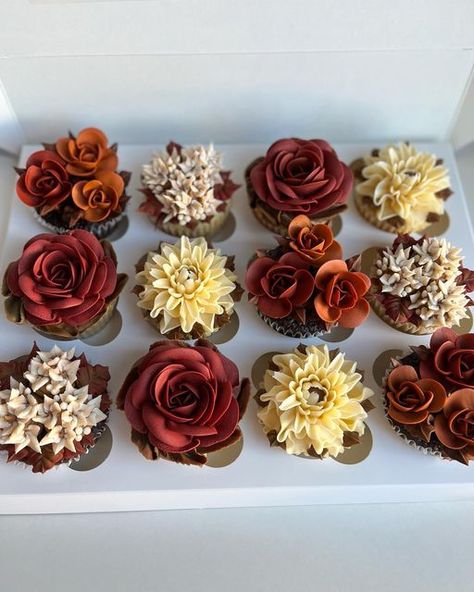 Fall Bridal Cupcakes, Fall Colored Wedding Cupcakes, Wedding Cupcakes Ideas Fall, Number Shaped Cupcakes, Rust Cupcakes Wedding, Autumnal Wedding Cupcakes, Fall Floral Cupcakes Decoration, Wedding Cupcakes Fall Colors, Fall Bridal Shower Cupcake Ideas