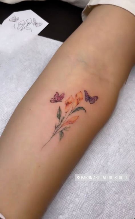 Butterfly And Calla Lily Tattoo, Lilly And Butterfly Tattoo, Lilly Shoulder Tattoo, Cala Lillies Tattoo, Lost Loved Ones Tattoo, Calla Lily Tattoo, Amber Tattoo, Monarch Tattoo, Butterfly Doors