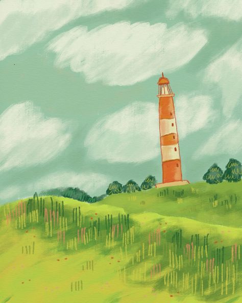 I love a lighthouse painting. This one from @landscapeartclub was a fun one. I simplified the grasses and altered the colors a bit, but I like how it came out. I used procreate for this week’s drawing and used a mix of gouache brushes and colored pencil brushes. #mixedmediaartist #mixedmediaart #landscapeartclub140 #landscapeart #lighthousepainting #digitalart #digitaldrawing #procreateart #procreateillustration #pnwartist #gouachepainting Town By The Sea, Lighthouse Drawing, Lighthouse Print, Lighthouse Painting, Coastal Charm, North Sea, The Lighthouse, Mixed Media Artists, Sand Dunes