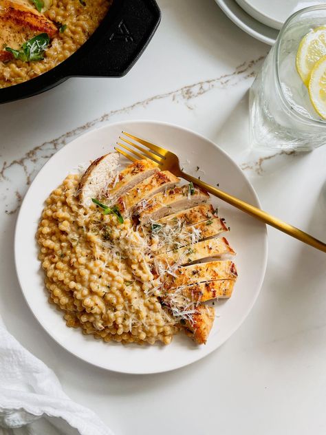 Creamy Garlic Lemon Couscous with Chicken - Espresso and Lime Couscous With Chicken, Lemon Couscous, Pearl Couscous Recipes, Chicken Couscous, One Skillet Meals, Couscous Recipes, Happy Cooking, One Skillet, Creamy Garlic