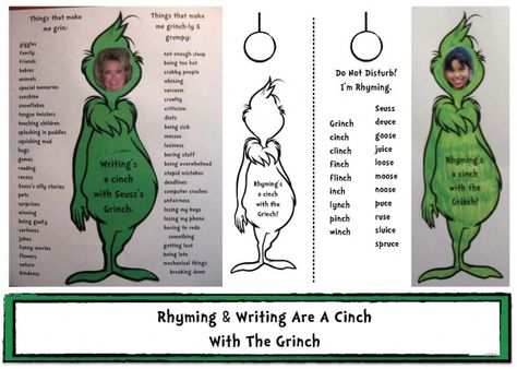 Rhyming and Writing are a Cinch With The Grinch - Celebrate Seuss with these two Grinch "craftivities". One features two writing prompts.  Students think of things that make them grin like the Grinch.  They jot these down on the left side.  On the right side, they list things that make them "grinchly and grumpy". Word Blends, Blend Activities, Grinch Games, Grinch Activities, Contraction Games, Daily 5 Word Work, Christmas Literacy, Dr Seuss Activities, Grinch Crafts