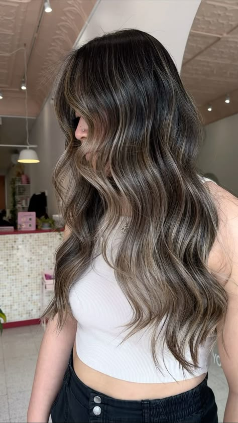 Beige Balayage On Black Hair, Dark Balyage Long, Asian Winter Hair Color, Subtle Blonde Balayage On Dark Hair, Neutral Brown Balayage On Dark Hair, Hair Dye Ideas For Asians, Black And Ash Hair, Balayage Asian Hair Straight, Lived In Balayage Dark Roots