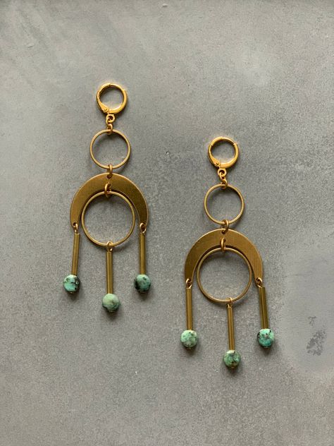 18k gold plated lever back earrings with black brass, brass and turquoise. 3.5” length. Bronze Jewelry Handmade, Brass Jewelry Design, Silversmithing Tutorials, Brass Earrings Handmade, Wild Jewelry, Brass Jewellery Handmade, Brass Jewellery, Contemporary Jewelry Design, Common Thread