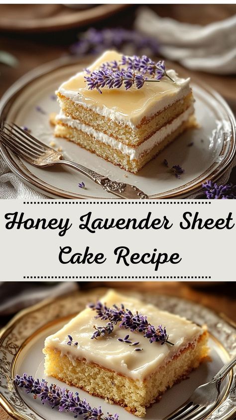 Elevate your Friendsgiving dinner recipe lineup with this Honey Lavender Sheet Cake. Its subtle floral notes and rich honey flavor make it a standout winter dessert. Whether you're hosting a cozy winter dinner or looking for healthy winter treats, this easy-to-make recipe will impress friends and family alike! Lavender Sheet Cake, Healthy Winter Desserts, Lavender Dessert Recipes, Cozy Winter Dinner, Lavender Dessert, Sheet Cake Recipe, Winter Dessert, Lavender Cake, Honey Lavender