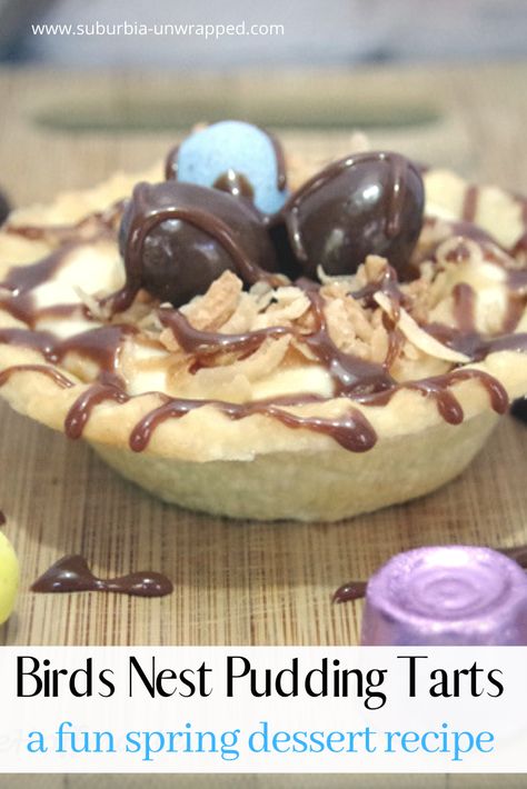 Looking for an easy dessert recipe for Easter?  These birds nest pudding tarts are a delicious way to celebrate spring!  Small tarts filled with pudding and topped with toasted coconut.  Egg shaped candies and a chocolate caramel drizzle round out this spring dessert for a mouthful of YUM! #springdesserts #Easterdessert #puddingtarts #dessertrecipes Fun Spring Desserts, Pudding Tart, Healthy Fruit Desserts, Spring Recipes Dessert, Easy Easter Desserts, Spring Dessert, Tarts Recipe, Decadent Chocolate Desserts, Homemade Pudding