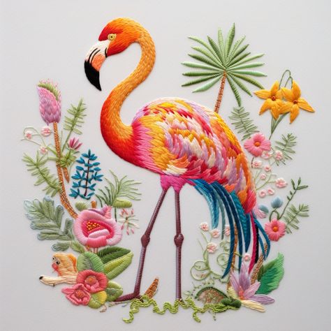 Flamingo pattern embroidered on white fabric with elegant, colorful threads Flamingo Embroidery, Pola Bordir, Textile Art Embroidery, Diy Embroidery Designs, Needlework Crafts, Hand Embroidery Patterns Flowers, Flamingo Pattern, Handmade Embroidery Designs, Soyut Sanat Tabloları