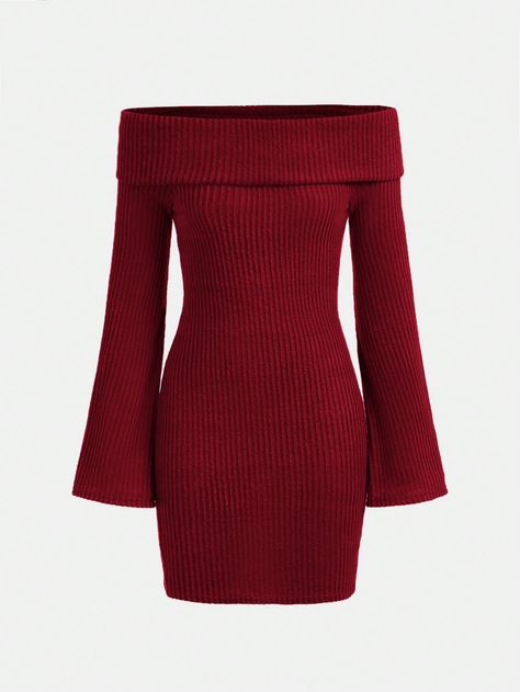 SHEIN Teen Girls' Rib Knit Off-shoulder Foldover Bell Sleeve Casual DressI discovered amazing products on SHEIN.com, come check them out! Off Shoulder Casual Dress, Girls Party Wear, Trumpet Sleeves, Bodycon Dress Casual, Teen Girl Dresses, Ribbed Knit Dress, Teenage Girls, Dresses For Teens