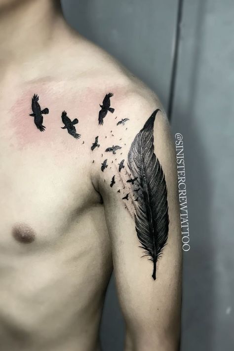 Niklaus Mikaelson Tattoo, Mens Bird Tattoo Ideas, Feather Birds Tattoo Design, Joseph Morgan Tattoo, Feather Tattoo Shoulder, Crow Tattoo Design Ravens, Klaus Mikaelson Tattoo, Raven Tattoo Men, Crow Feather Tattoo