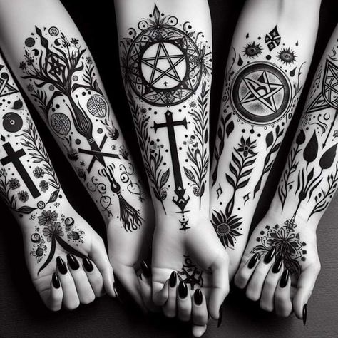 Big Witchy Tattoos, Wicca Tattoo, Witchcraft Tattoos, Pagan Tattoo, Wiccan Tattoos, Wrist Tattoo Designs, Mystical Tattoos, Wrist Tattoo Ideas, Occult Tattoo