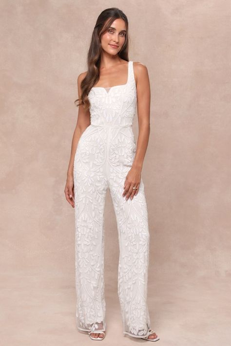 Glittering Influence White Mesh Beaded Lace-Up Sequin Jumpsuit Wedding Reception Pantsuit, Reception Pantsuit, White Sequin Jumpsuit, Elegant Jumpsuit, Bachelorette Party Dress, Mesh Jumpsuit, Casual Formal Dresses, Bridal Jumpsuit, Sequin Jumpsuit