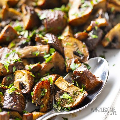 Oven Roasted Mushrooms - Wholesome Yum Roasted Zucchini Recipes, Oven Roasted Mushrooms, Roasted Eggplant Recipes, Mushroom Side Dishes, Mushroom Recipes Healthy, Oven Roasted Asparagus, Thyme Recipes, Wholesome Yum, Roasted Vegetable Recipes