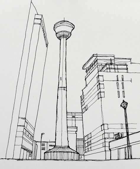 Calgary Tower: looking way up Calgary Tower, Tower Drawing, Tie Ideas, Whimsical Art Paintings, City Sketch, Urban Sketch, Alcohol Aesthetic, Urban Sketching, Creative Drawing