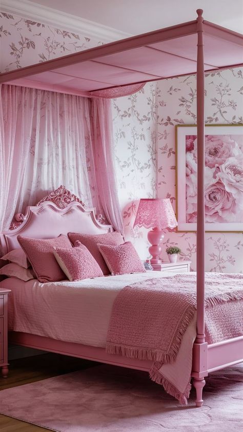 An elegant monochromatic pink bedroom with layered shades of pink throughout the walls, bedding, and decor, for a unified and sophisticated aesthetic. Monochromatic Pink, Pink Bedrooms, Blush Tones, Contemporary Chic, Pink Bedroom, Cozy Decor, Modern Accents, Chic Decor, Soft Textures