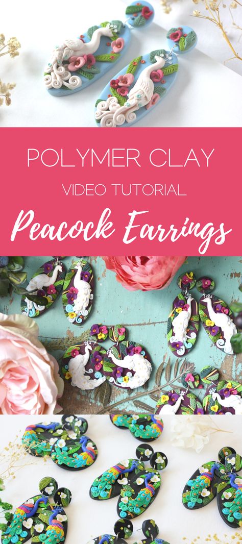 VIDEO: Peacock Earrings | Polymer Clay Free Tutorial - My Vian Peacock Polymer Clay Earrings, Polymer Clay Peacock, Polymer Clay Birds Tutorial, Polymer Clay Tutorials Free, Polymer Clay Slab, Clay Videos, Clay Bird, Peacock Earrings, Earrings Polymer