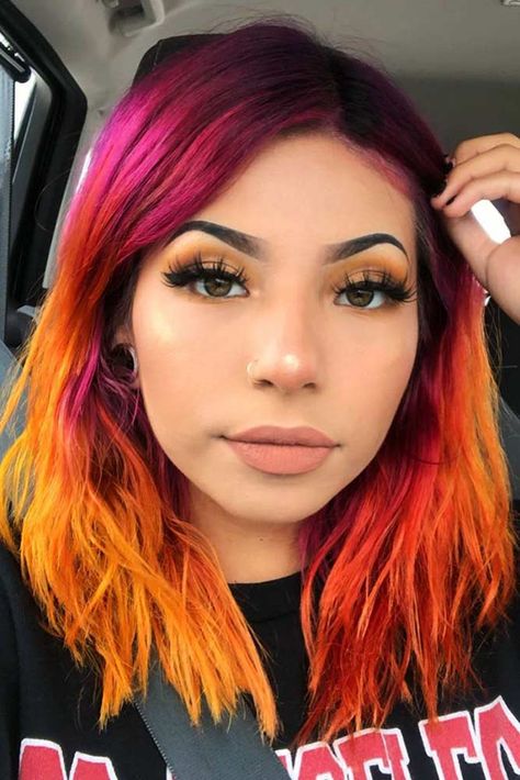 Orange Hair Ideas To Conquer All Seasons and Hearts Orange Hair Bright, Pink And Orange Hair, Sunset Hair, Rose Fushia, Vivid Hair Color, Creative Hair Color, Kpop Hair, Hair Color Crazy, Fabulous Hair