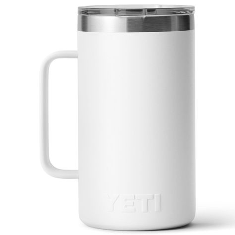 It's tall, insulated, and with its sizable handle, it's the beer lover's new drinking buddy. Unlike beer glasses, this mighty mug is safe for camp. Plus, this stainless-steel beer mug is topped with our fan favorite MagSlider lid, and the entire mug is dishwasher safe, making clean-up jobs extra easy at base camp. Bottoms up, y'all. | YETI Rambler 24 Oz Mug with MagSlider Lid in White | Stainless Steel | Nebraska Furniture Mart Yeti Mugs, Drinking Buddies, Yeti Rambler, Beer Lovers, Nebraska Furniture Mart, Clean Up, Beer Mug, Beer Glasses, Dishwasher Safe