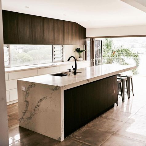 One Side Waterfall Island Kitchen, Kitchen Island Waterfall Edge One Side, One Side Waterfall Island, Half Waterfall Island, Waterfall Countertop Peninsula, Kitchen Island With Waterfall Edge, One Sided Waterfall Island Kitchen, Waterfall Benchtop, Kitchen Island Waterfall Edge