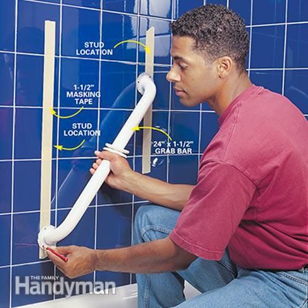 How to Install Bathroom Grab Bars                                                                                                                                                                                 Más Bathroom Grab Bars, Remove Bathtub, Accessible Bathroom Design, Lakehouse Ideas, Shower Grab Bar, Ada Bathroom, Diy Handyman, Grab Bars In Bathroom, Accessible Bathroom