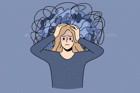 Chaos and Mess in Mind Concept Messy Thoughts, Mental Health Artwork, Canva Stickers, Work Profile, Woman With Blue Eyes, Hand On Head, Internal Family Systems, Emotion Faces, Emoji Set