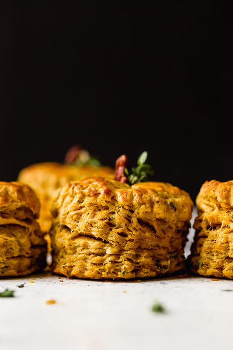 Extra Flaky Pumpkin Biscuits {with Garlic Herb Butter} | PWWB Pumpkin Biscuits Recipe, Pumpkin Biscuits, Savory Pumpkin, Best Thanksgiving Side Dishes, Fall Meal, Savory Pumpkin Recipes, Fresh Sage, Garlic Herb Butter, Homemade Pumpkin Puree