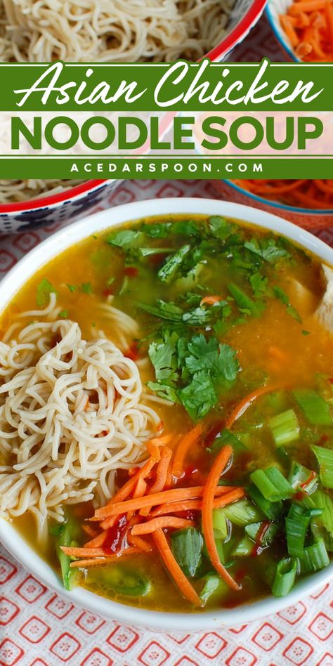 Warm up with a bowl of delicious soup! Our easy fall comfort food is an Asian noodle soup recipe that blends spicy, comforting flavors with a light, flavorful broth. Pin this Asian chicken soup recipe for a satisfying, cozy meal this season! Cabbage Soup Asian, Easy Soup Recipes Asian, Rice Noodle Chicken Soup, Soup Recipes Japanese, Chicken Noodle Soup Asian, Udon Chicken Noodle Soup, Chinese Noodle Bowl Recipes, Asian Chicken Soup Noodle, Asian Chicken Noodle Soup Recipe