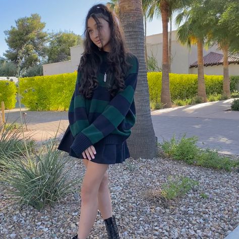 Brandy Sweater Outfit, Green Pleated Skirt Outfit, Navy Skirt Outfit, Tate Sweater, Green Sweater Outfit, Blue Sweater Outfit, Blue Skirt Outfits, Brandy Sweater, Skirt Outfits Aesthetic