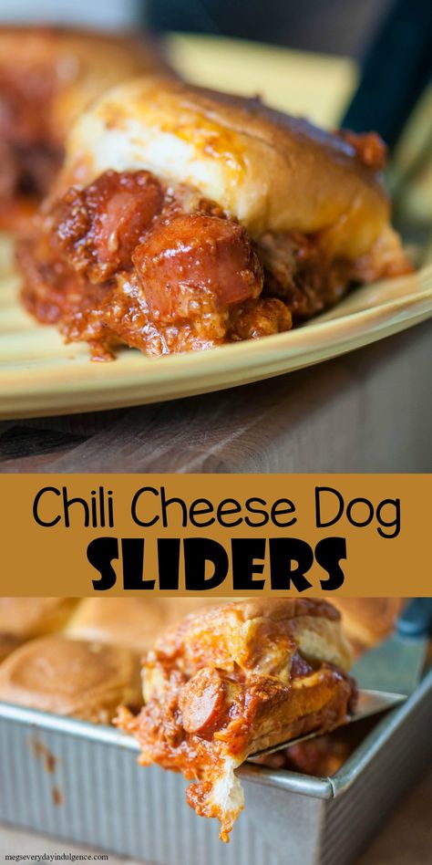 Chili Cheese Dog Sliders - homemade hot dog chili, chopped hot dogs and cheese piled high on slider buns and baked to crisp up the buns. Perfect messy football food. Homemade Hot Dog Chili, Chili Dog Chili Recipe, Homemade Hot Dogs, Chilli Dogs, Chili Cheese Dogs, Hot Dog Chili, Cheese Dog, Beef Hot Dogs, Slider Buns