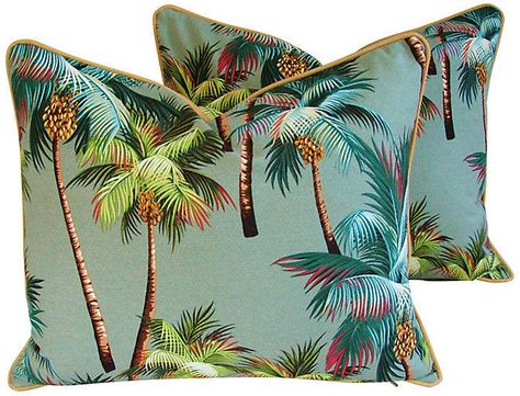 One Kings Lane Vintage Oasis Palm Tree Barkcloth Pillows - Pr Vintage Hawaiian Decor, Western Pillows, Barkcloth Fabric, Hawaiian Decor, Vintage Fringe, Fringe Pillows, Outdoor Cushion Covers, Palm Plant, Tree Pillow