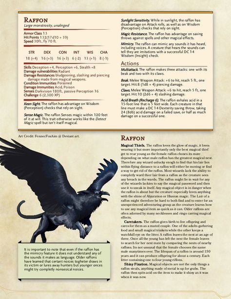 Raffon(Raven + Griffon) - UnearthedArcana Raven Gryphon, Dnd Creatures, Dnd Monster, Dnd Stats, Mythical Monsters, Dnd Races, Dungeon Master's Guide, Dungeons And Dragons 5e, Dnd Funny