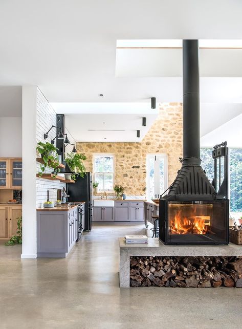 Casas Country, Cosy Fireplace, Stone Feature Wall, Double Sided Fireplace, Wood Heater, Country Style Kitchen, Country Style Homes, Australian Homes, Country House Decor