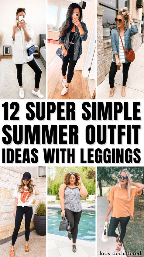 12 Simple Summer Outfits With Leggings Womens Leggings Outfits Summer, Short Sleeve Tops For Leggings, How To Wear Black Leggings Summer, Black Leggings And Sandals Outfit, Black Leggings Outfits Summer, Legging Outfits Summer Casual, Easy Summer Style For Moms, Casual Summer Outfits With Leggings, Summer Leggings Outfits 2023