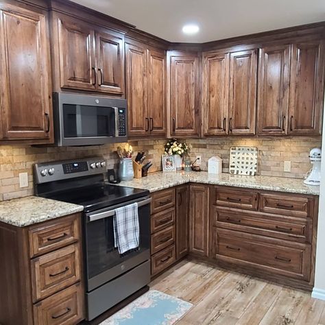 Dark Stain Hickory Cabinets, Backsplash For Hickory Cabinets, Small Kitchen Wood Cabinets, Walnut Stained Kitchen Cabinets, Dark Oak Cabinets Kitchen, Granite Countertops With Wood Cabinets, Dark Hickory Kitchen Cabinets, Kitchen Remodel Wood Cabinets, Wood Cabinets Wood Floors