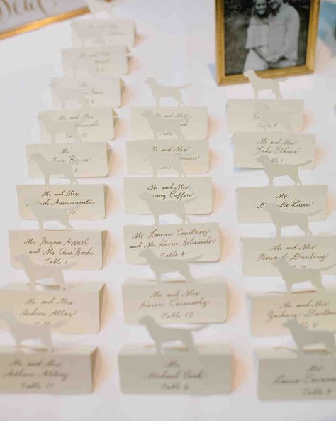 Insanely Creative Escort Cards and Seating Displays | Martha Stewart Weddings - Incorporate your love of your pet into your seating display. This couple chose to have cards with pop-up dog cutouts. #wedding #weddinginspiration #escortcard #escortcarddisplay #weddingdecor Creative Seating Cards, Apartment Living Room Decor Ideas, Free Place Card Template, Apartment Living Room Ideas, Sleepover Invitations, Place Setting Cards, Printable Place Cards, Card Displays, Place Card Template