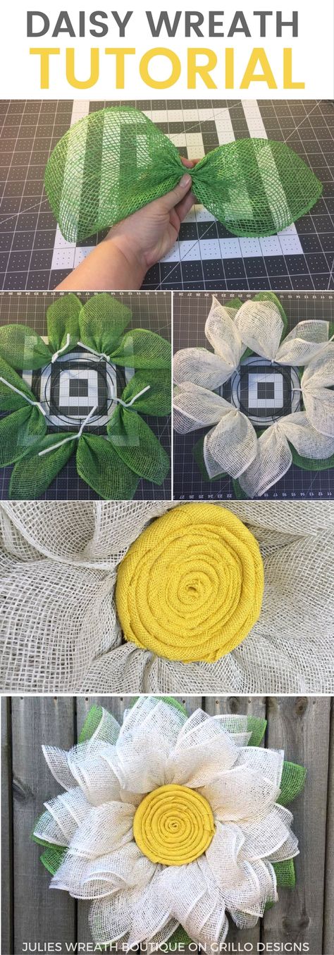 Burlap Daisy Wreath Tutorial - Learn how to make this one of a kind daisy wreath for your front door this spring! Click here for the full video tutorial Couronne Diy, Dekoratívne Vence, Daisy Wreath, Burlap Crafts, Sunflower Wreaths, Wreath Tutorial, Wreath Crafts, Deco Mesh Wreaths, Spring Crafts