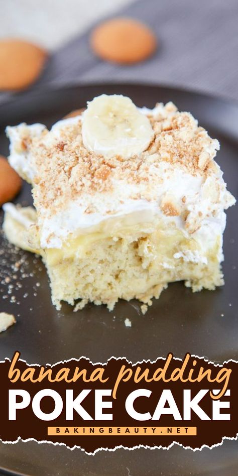 My banana pudding poke cake is so moist and easy to make. I love the topping with creamy Cool Whip, sweet bananas, and crunchy vanilla wafers. It tastes like banana pudding in cake form! Impressive Thanksgiving Desserts, Banana Filling, Ww Deserts, Moist Banana Cake, Banana Desserts, Banana Pudding Poke Cake, Pudding Poke Cake, Poke Cake Recipe, Bbq Desserts