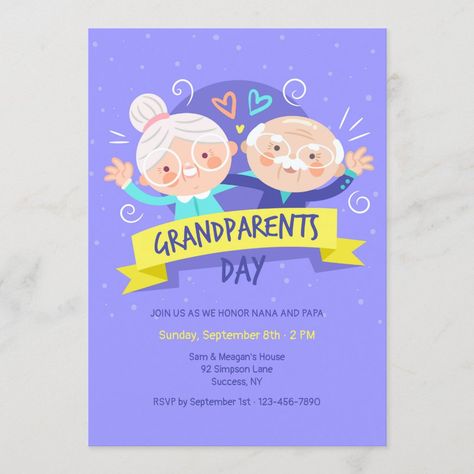 A hand-drawn grandparents day invitation featuring nana and papa.  (People vector created by freepik - www.freepik.com).     The card is easy to customize with your wording, font, font color, paper shape options and choice of six paper types.  Not exactly what you're looking for?  All our products can be custom designed to meet your needs at no extra charge.  Simply contact us at askcottonlamb@gmail.com.  Coordinating products available:  Just ask us!" Grandparents Day Invitations For School, Grandparents Day Invitation, Toddler Diy Gifts, Grandparents Day Banner, Diy Gifts Grandparents, Grandparents With Grandkids, Christmas Gifts Grandparents, School Invitation Card, Grandkids Pictures