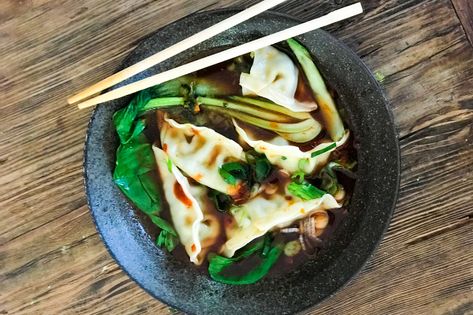 Vegan Dumplings In Spicy Sauce Recipe Miso Salad Dressing, Spicy Sauce Recipe, Wellbeing Magazine, Vegan Dumplings, Asian Restaurant, Vegan Fish, Made For Each Other, Baked Tofu, Slices Recipes