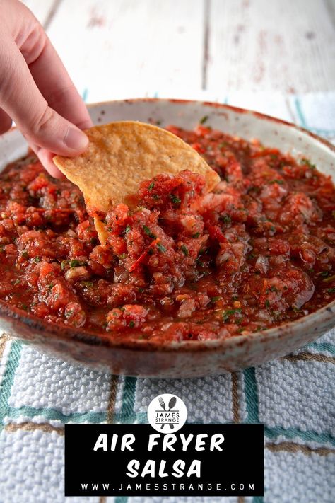 Simple roasted salsa roja cooked in the air fryer. #salsa #airfryer #jamesstrange Air Fryer Salsa, Roasted Salsa Recipe, Roasted Salsa, Vegan Appetizers Recipes, Air Fryer Recipes Vegetarian, Air Fryer Dinner Recipes, Vegan Appetizers, Air Fryer Recipes Healthy, Salsa Recipe