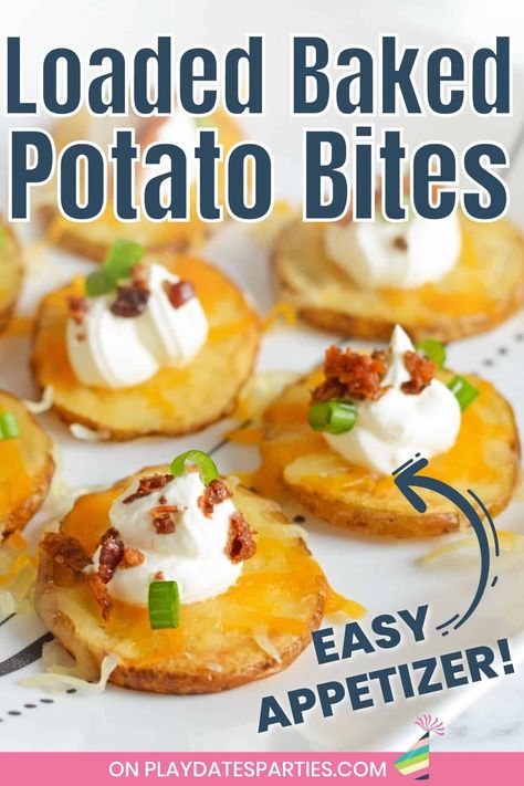 Looking for easy and delicious potato appetizers for a party? You're going to love this easy loaded baked potato bites recipe. Crispy oven baked potato slices are piled with cheese, sour cream, bacon pieces, and green onions for a the best appetizer to feed a crowd. Hands down this is the most simple potato skins appetizer you can make. Serve them for New Year's Eve, as a game day appetizer for the Super Bowl, for Saint Patrick's Day or any other time. Potato Skins Appetizer, Loaded Potato Bites, Baked Potato Bites, Loaded Baked Potato Bites, Baked Potato Slices, Dips Recipes, Potato Appetizers, Potato Slices, Sides Dishes