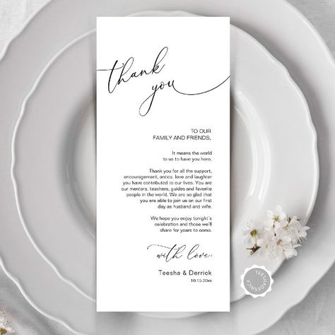 Minimalist Wedding Place Setting Thank You Card Wedding Thank You Cards Wording, Place Setting Cards, Dinner Places, Wedding Plates, Wedding Place Settings, Black And White Theme, Wedding Dinner, Wedding Place, Creative Wedding