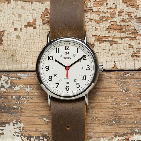 The Timex Weekender is one of the most iconic watches ever created. What makes it even better is the fact that you can toss on a custom strap to change its appearance, which is exactly what we've d... Timex Weekender, Interchangeable Bracelet, Menswear Accessories, Custom Strap, Timex Watches, Light Brown Leather, Tick Tock, Handmade Oil, Brown Leather Strap