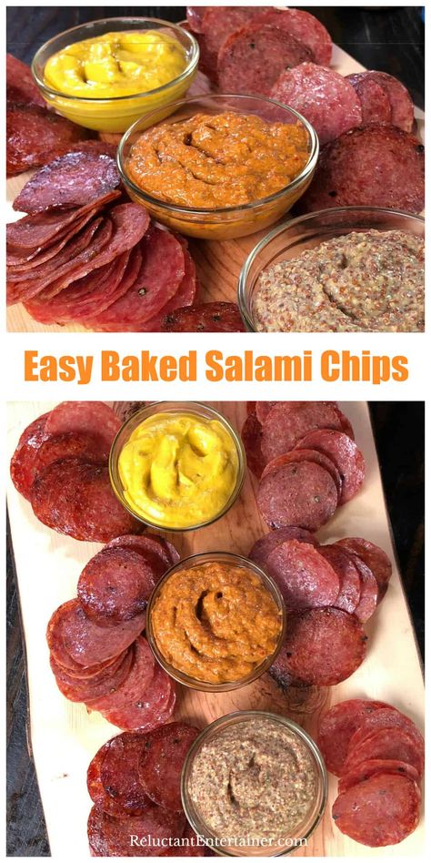 BEST EVER Baked Salami Chips Salami Chips Baked, Baked Salami, Salami Appetizer, Keto Dip, Clemson Tailgating, Salami Chips, Best Appetizers Ever, Salami Recipes, A Charcuterie Board