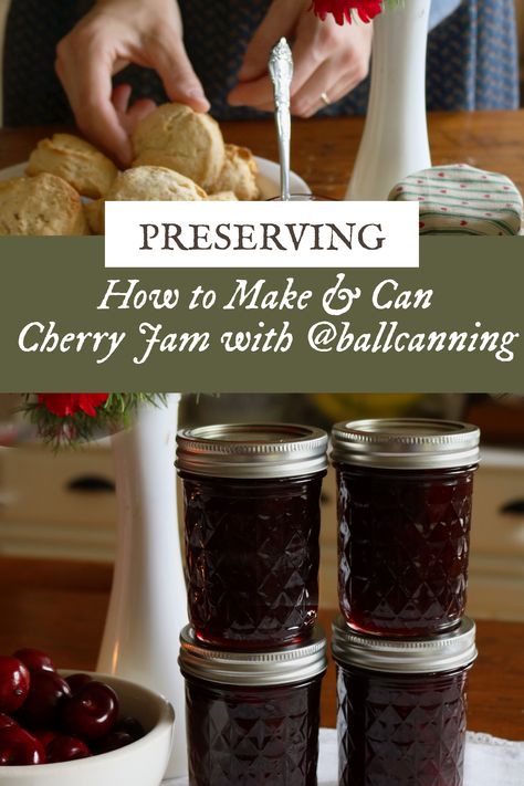 Learn to make homemade cherry jam with fresh sweet cherries and preserve the flavors of the season in this blog post. You will find full recipe instructions, photos, and a video detailing how to make this super simple and delicious recipe. Original recipe by @ballcanning and makes 4 Ball® Quilted Crystal Half-Pint Jars of jam! #Ballhomecanning #Ballhomecanningambassador #ad #canning #jam #recipe https://bit.ly/3yWf2fY How To Make Cherry Jam, Cherry Jam Recipe Canning, Cherry Jelly Recipe, Ball Canning Recipes, Canning Cherries, Cherry Nutrition Facts, Cherry Jelly Recipes, Homemade Cherry Jam, Cherry Jam Recipe