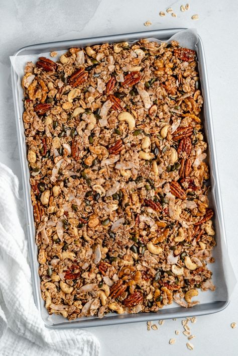 Amazing nut and seed granola made with cashews, pecans, walnuts, almonds, coconut & pumpkin seeds. This easy nut & seed granola recipe is gluten free and naturally sweetened with a bit of pure maple syrup. Truly a superwoman granola thanks to the healthy fats and additional nutrients from flax! #granola #seeds #nuts #healthysnack #snack #breakfast #glutenfree Flax Granola, Seed Granola, Cottage Cheese Breakfast Bowl, Luteal Phase, Granola Recipe Healthy, Healthier Sweets, Honey Granola, Sweet Potato Cinnamon, Pumpkin Pie Smoothie