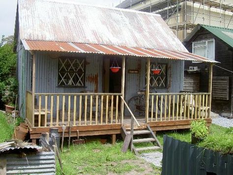 Tin exterior Tin Siding, Garden Huts, Barn Tin, Tin Shed, Tin House, Shed Building Plans, Patio Covers, Tin Roof, Shed Homes